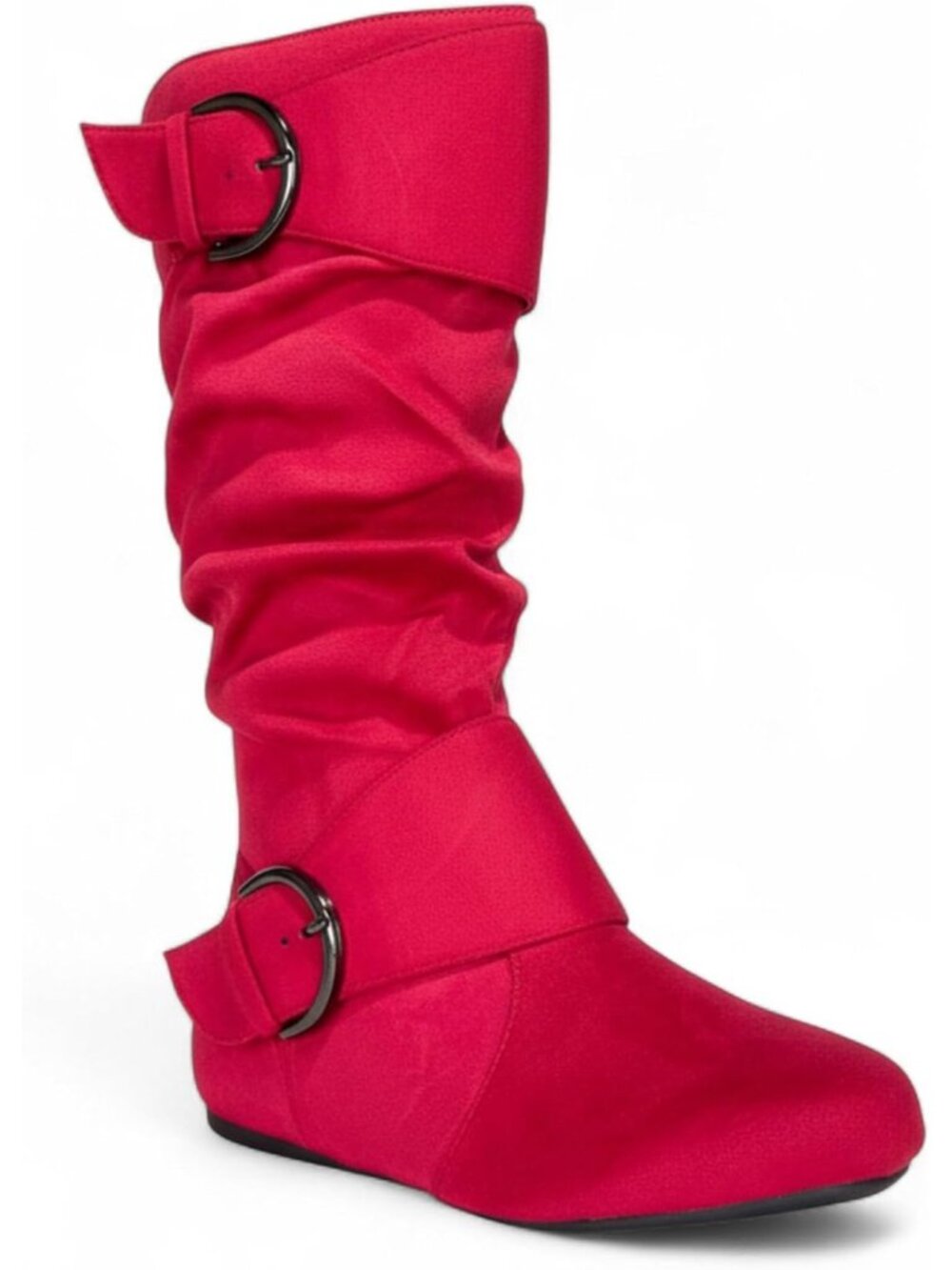 Women's Red Suede Comfortable Round Toe Buckle Side Zip  Mid-Calf Low Heel Boots